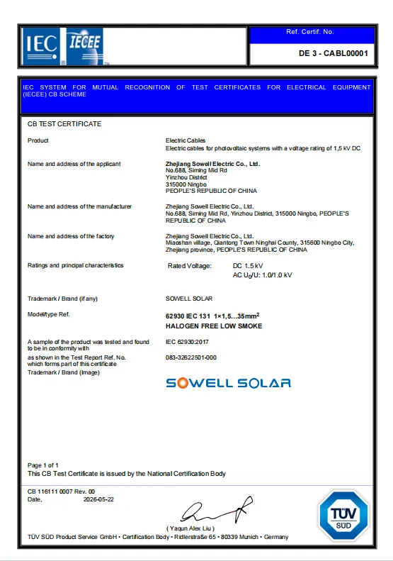 SOWELLSOLAR Fotovoltaik Kabellər TÜV SÜD IECEE-CB Sertifikatının Tanınmasını Alır